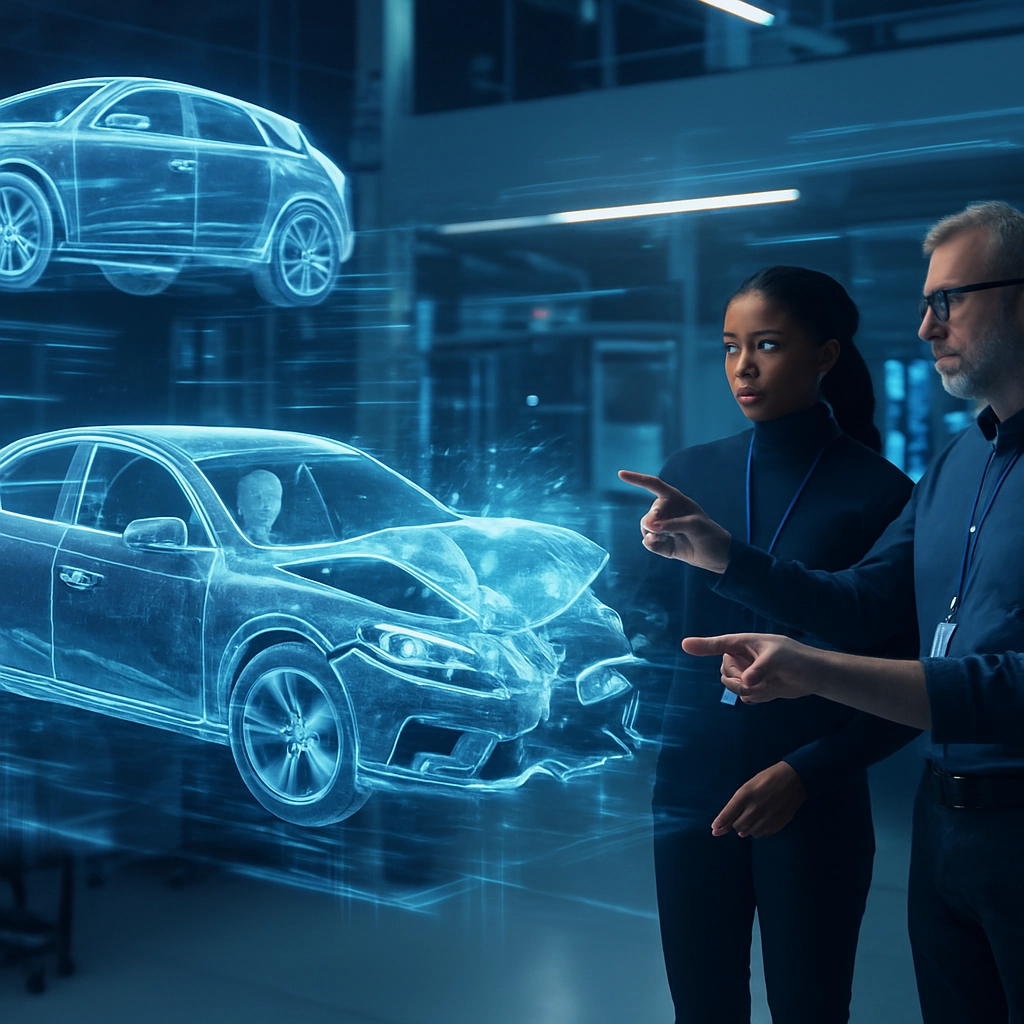 A photorealistic image of a high-tech engineering lab with holographic car models projected in mid-air. Engineers are pointing at a 3D simulation of a car crash test, with data streams flowing around them. No text, letters, or words. Bright and futuristic atmosphere.