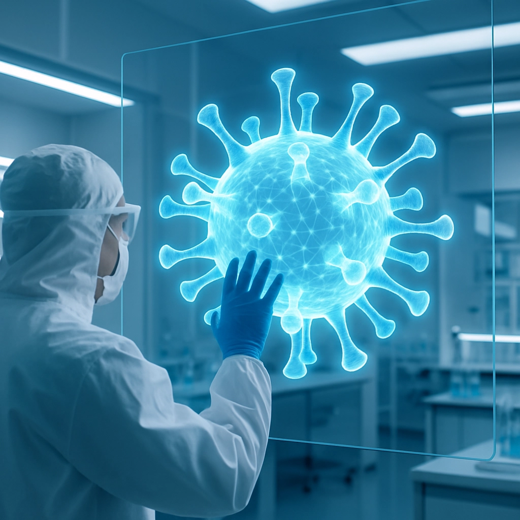 An image of a futuristic pharmaceutical laboratory. A glowing, molecular structure of a virus is displayed on a large transparent screen. A scientist interacts with the hologram using hand gestures. No text or letters. Clean, sterile environment with blue and white lighting.