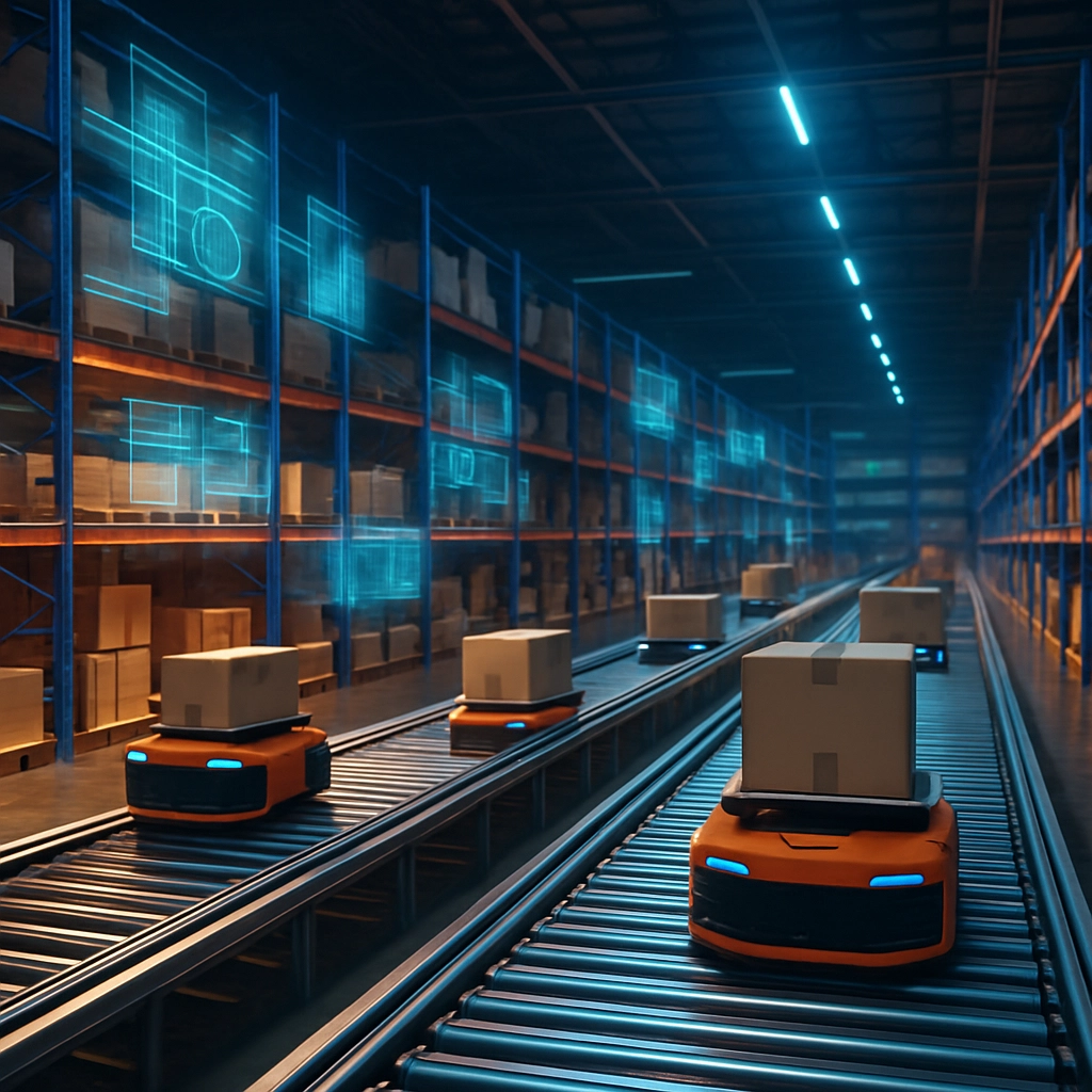 A wide-angle image of a modern automated warehouse. Robots moving boxes on conveyors, with holographic data showing inventory levels floating above the shelves. No text or words. Orange and blue lighting, showing efficiency and speed.
