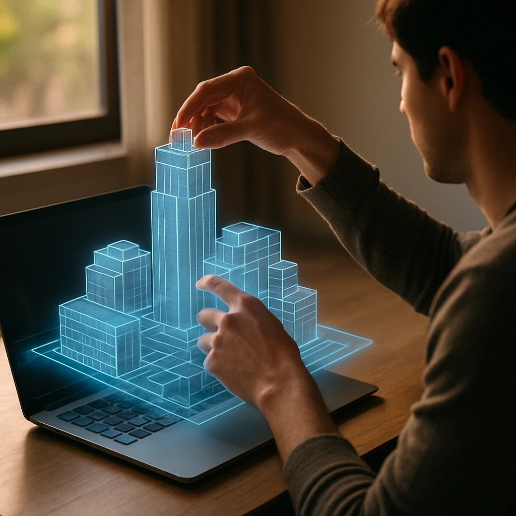 An image of a person sitting at a desk with a laptop, looking at a complex 3D architectural model. The model is interactive and projected as a hologram. The person's hand is adjusting a part of the building. No text or letters. Natural daylight from a window, warm atmosphere.