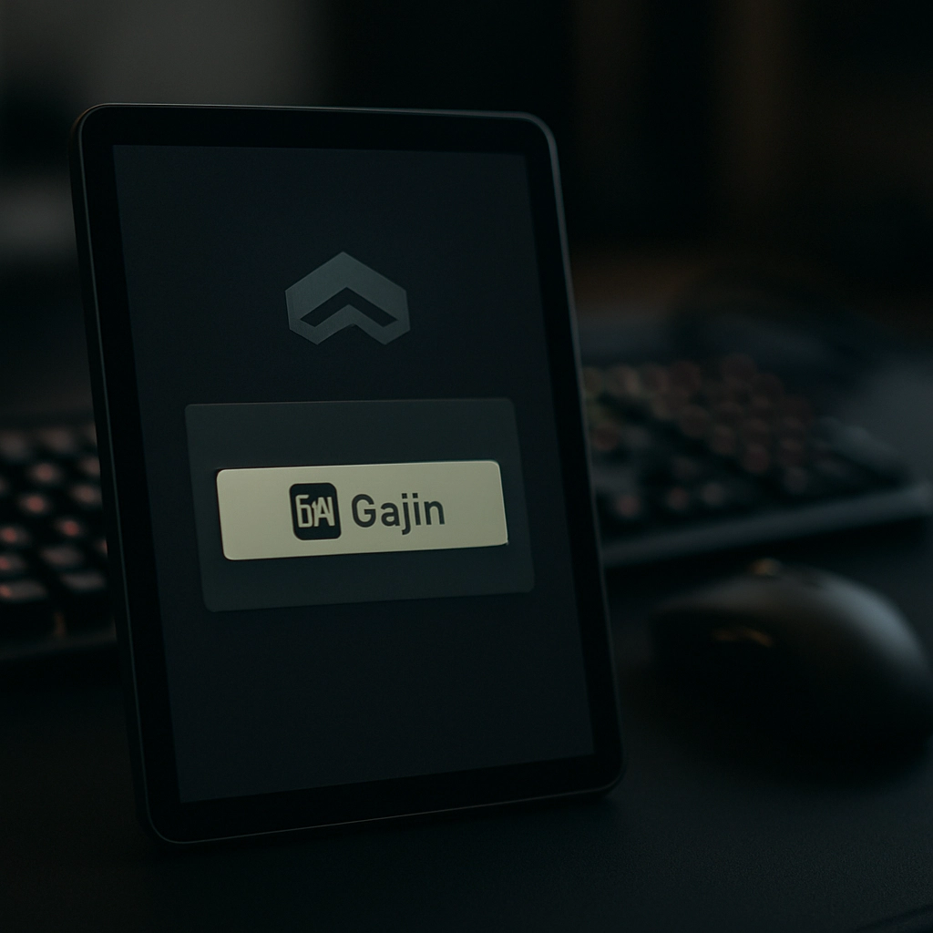 A photorealistic image showing a GeForce NOW interface on a tablet device, with the login screen displaying 'Sign in with Gaijin' button prominently. In the background, a blurred gaming setup with a mouse and keyboard. No text, letters, or words should appear in the image, only the visual elements of the interface and the gaming environment.