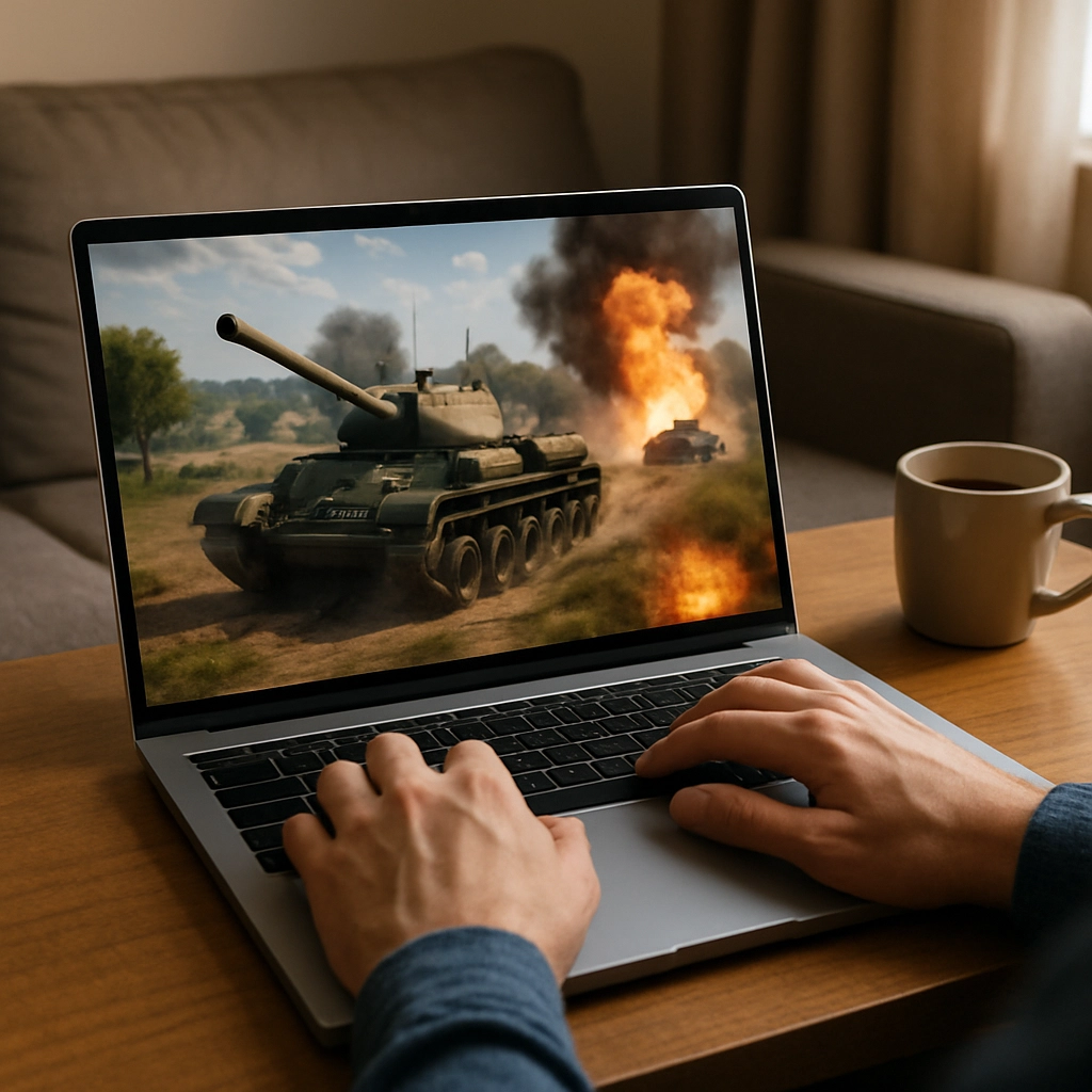 A detailed realistic image depicting a person in a living room, using a normal laptop to play a Gaijin game like War Thunder streamed from the cloud. The screen shows high-definition graphics with tanks and explosions, while the laptop itself is thin and light, showing no logos or text. The environment is cozy with a coffee cup nearby. No text, letters, or words are visible in the image.