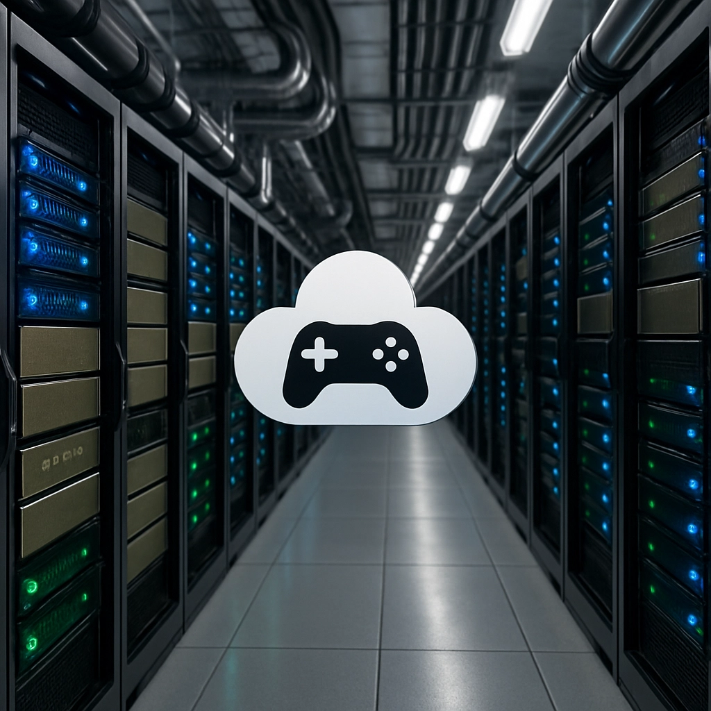 A detailed realistic image showing the interior of a modern data center with rows of NVIDIA servers, glowing blue and green LEDs, and cooling pipes overhead. In the foreground, a small stylized icon of a gamepad floating in the air, representing the cloud gaming service running on these servers. No text, letters, or words are present in the image.