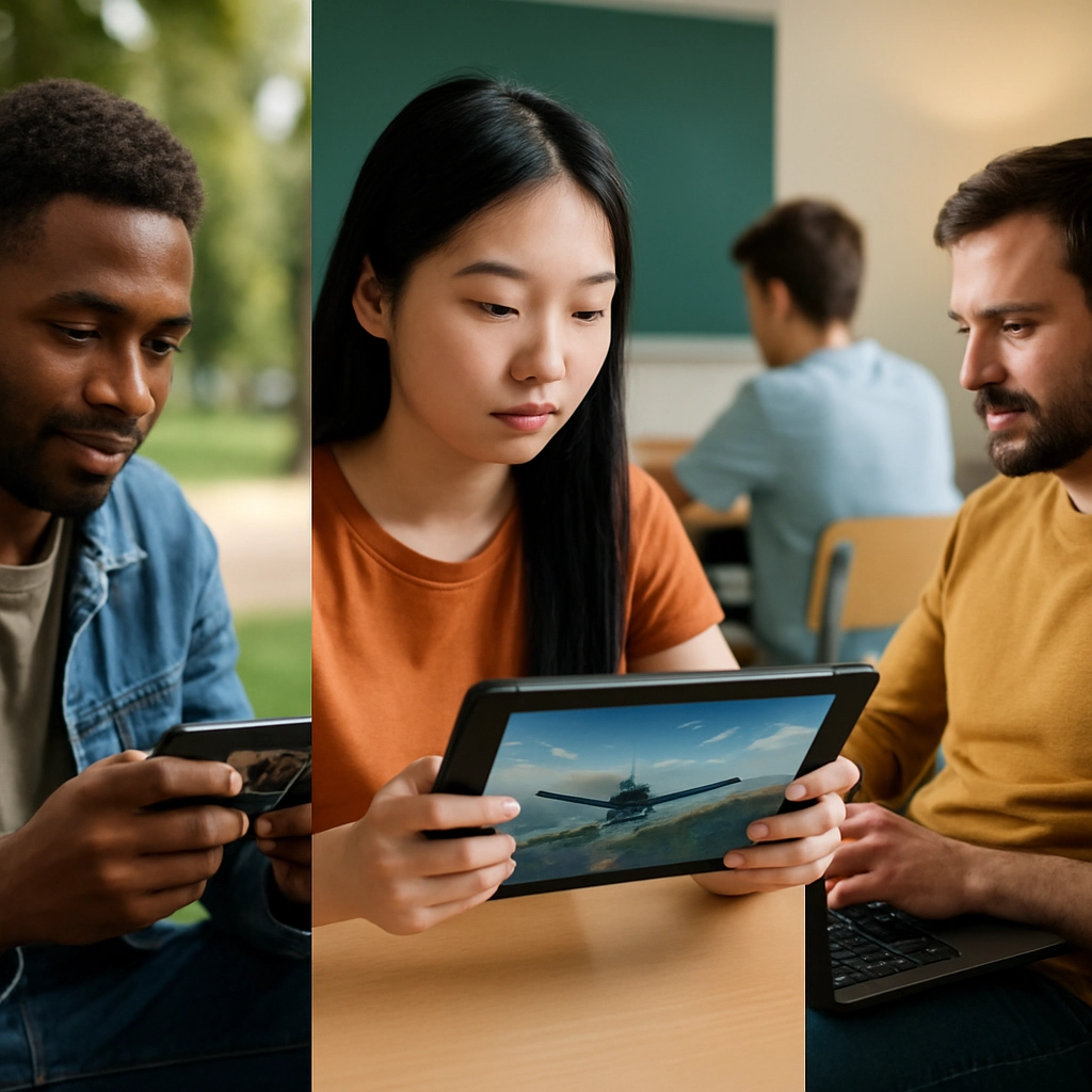 A photorealistic image showing a diverse group of gamers from different parts of the world, each holding a different device (a smartphone, a tablet, a laptop) with the game War Thunder visible on the screens. They are in different settings like a park, a classroom, and a living room, showing global accessibility. The image should have no text, letters, or words.