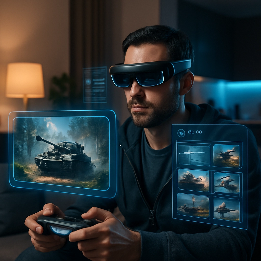 A highly detailed futuristic image showing a gamer using a pair of AR glasses to play a Gaijin game streamed from the cloud, with a holographic interface showing their Gaijin account status and game library. The background is a sleek, modern living space with ambient lights. No text, letters, or words are present anywhere in the image.