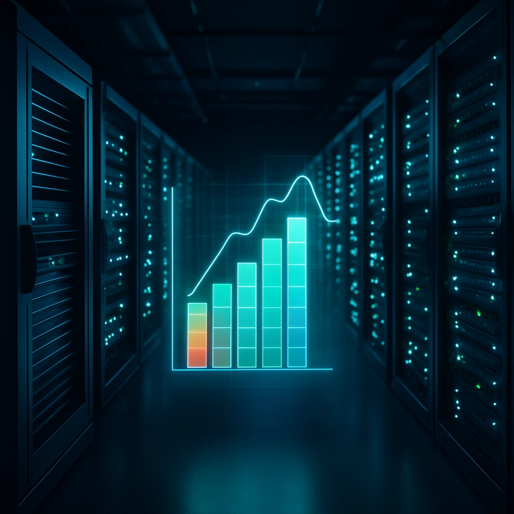 A high-resolution, realistic photograph of a modern data center filled with rows of advanced servers and cooling systems, illuminated by blue and green LED lights, with holographic energy efficiency graphs floating in the air, representing the optimization of power usage through AI algorithms. The scene is clean, high-tech, and devoid of any human figures. No text, letters, or words are present in the image. The lighting is dramatic and focused, emphasizing the sleek hardware and dynamic data visualizations.