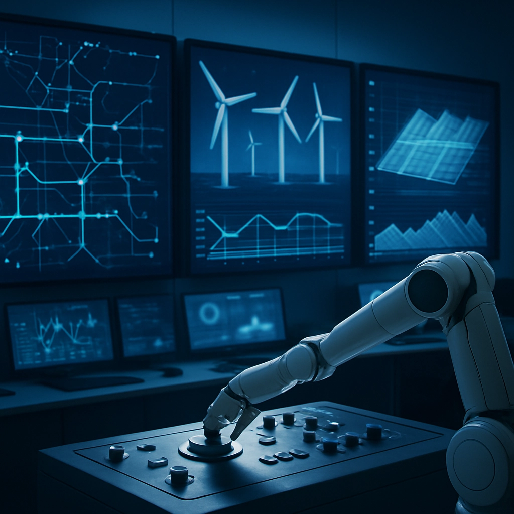 A realistic photo of a smart grid control room with large digital screens displaying real-time energy flow data, wind farm outputs, and solar panel efficiency statistics. In the foreground, a robotic arm is adjusting a dial on a control panel. The atmosphere is calm and futuristic, with soft blue ambient lighting. The scene conveys precision and intelligence. No text, letters, or words appear on the screens or anywhere in the image.