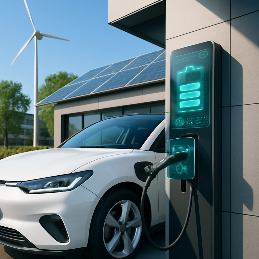 A photorealistic image of a sleek electric vehicle charging station integrated into a modern building, with a holographic interface showing battery health and charging status, surrounded by solar panels and a small wind turbine. The sky is clear and blue, indicating a clean energy environment. No text, letters, or words are visible. The setting is urban but green, with trees and modern architecture.