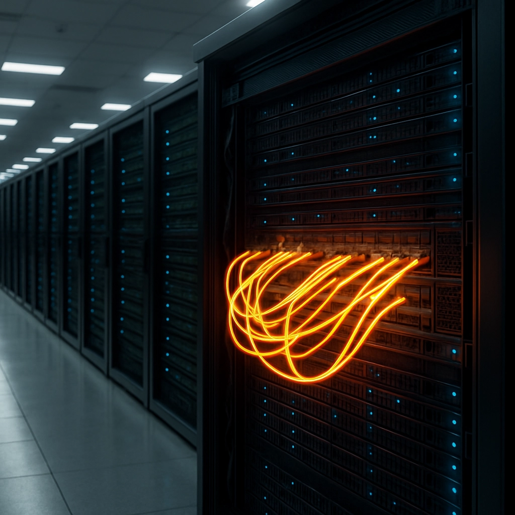 A realistic, high-quality image of a modern data center with hundreds of server racks, focusing on a single rack with Ethernet cables glowing with data pulses, indicating network congestion or bottleneck. The image should show a sense of urgency or inefficiency. No text, letters, or words are allowed.
