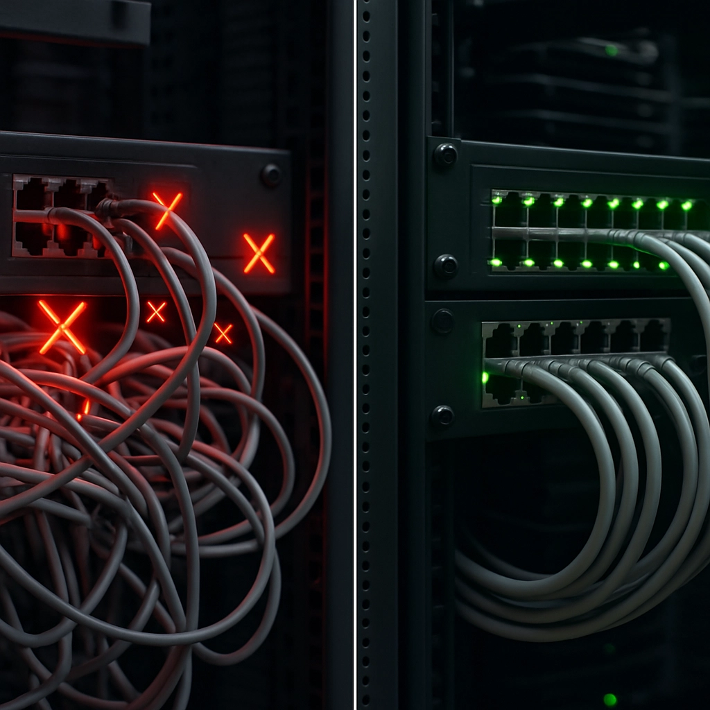 A realistic image of two contrasting network switches: one labeled as generic Ethernet with glowing red warning lights and data packet loss, the other labeled as Spectrum-X with bright green lights and stable data flow. The image should depict two server rooms side by side, one chaotic and one orderly. No text or letters are allowed.