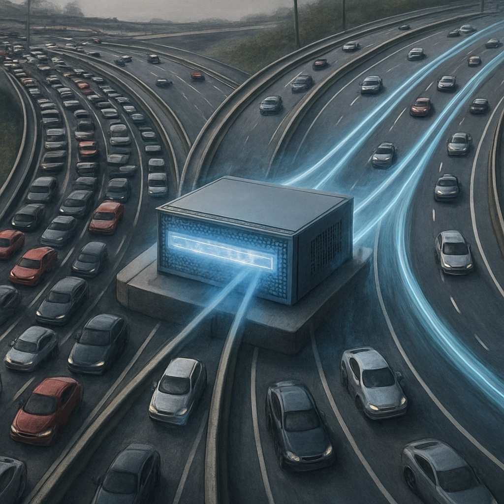 A realistic, detailed illustration of a network packet routing through a Spectrum-X switch. The image should show multiple paths (like highways) with cars (data packets) moving smoothly, while a congested path on the left shows a traffic jam (packet loss). The switch is at the center, glowing blue with adaptive routing intelligence. No text or words are present.
