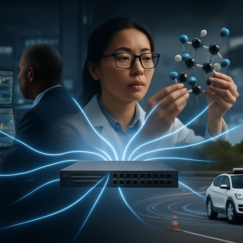 A realistic image showing a diverse set of industries: a financial trading floor with monitors displaying stock charts, a scientist looking at a molecular model, and a car with lidar sensors in a test track. All these elements are connected by glowing network lines going to a central Spectrum-X switch in the background. The image should convey that one network platform serves multiple AI use cases. No text, letters, or words are present.