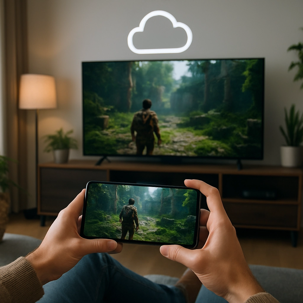 A realistic, high-quality image of a person sitting on a sofa, holding a smartphone with a game displayed on a large TV screen in the background, showing a cloud icon above the setup, in a modern living room environment, without any text, letters, or words in the image.