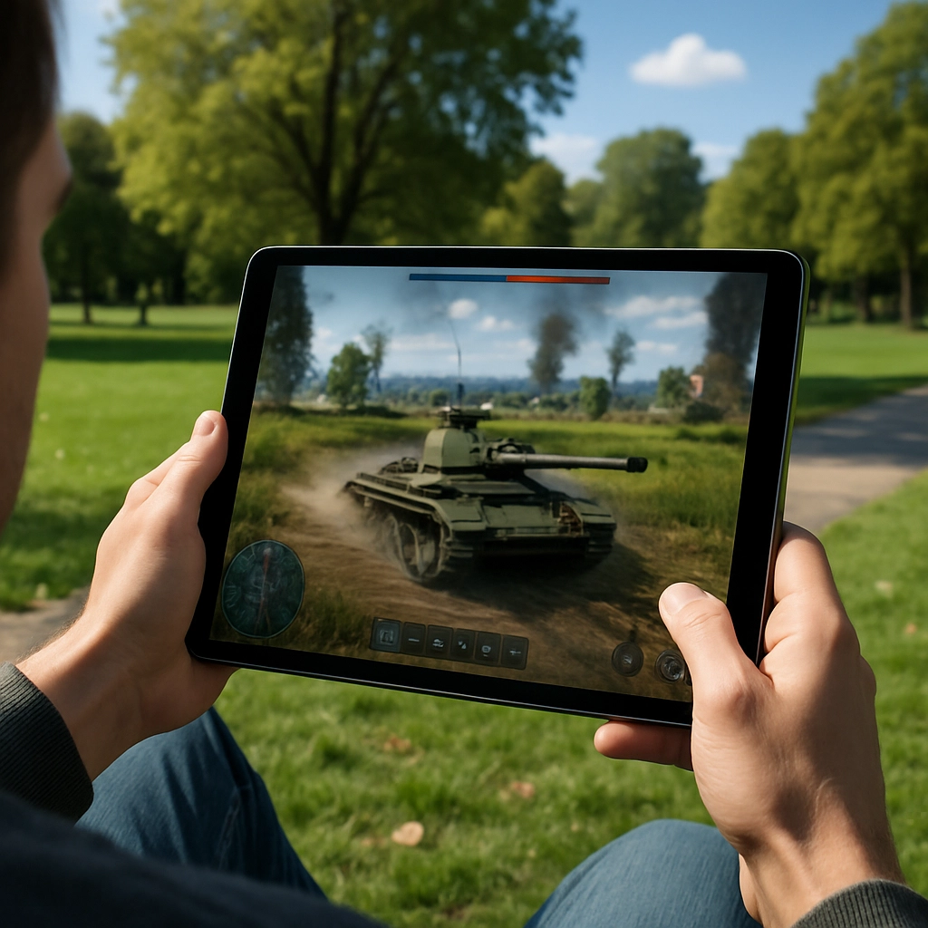 A realistic, high-quality image of a person using a tablet outdoors in a park, with a gaming interface displayed on the tablet, showing a tank battle from a game like War Thunder, with a subtle cloud symbol in the sky, without any text, letters, or words in the image.