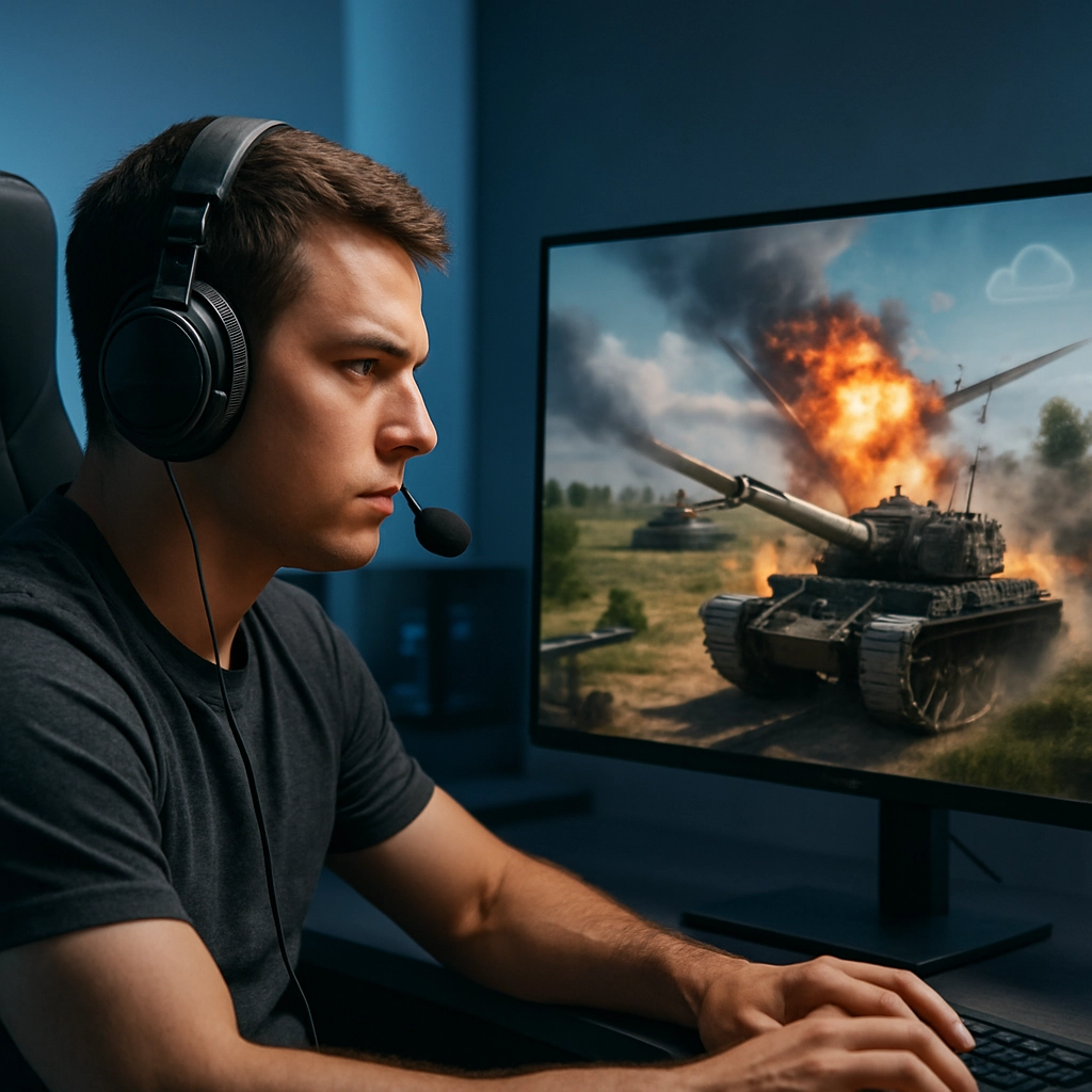 A realistic, high-quality image of a professional gamer sitting in a gaming chair wearing a headset, with intense focus on a high-resolution monitor displaying a battle scene from War Thunder, with a sleek, modern setup and a cloud icon subtly reflected on the screen, without any text, letters, or words in the image.