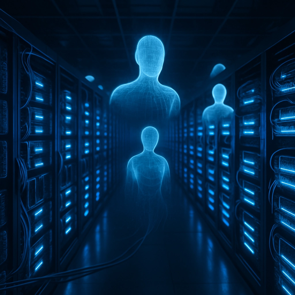 A photorealistic image of a futuristic data center with glowing blue racks of NVIDIA GPUs, connected by fiber optic cables, with holographic AI agents floating above servers, symbolizing the powerful computational foundation of autonomous AI. No text, letters, or words in the image.