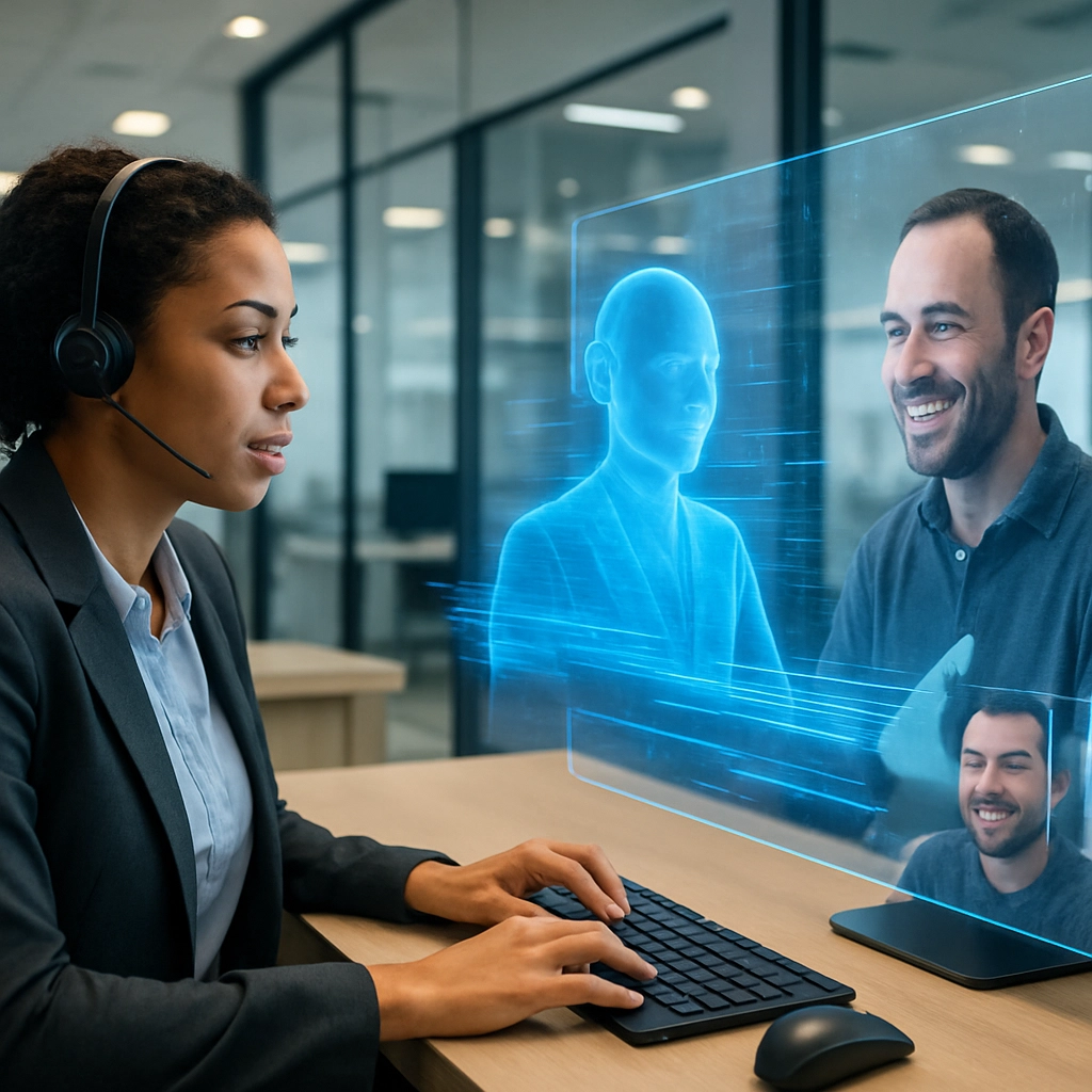 A photorealistic image of a customer service desk in a modern office, where a large holographic screen displays an AI agent interacting with a customer, with data streams flowing around it. The agent is shown resolving an issue, with a happy customer on the other side of the screen. No text, letters, or words.