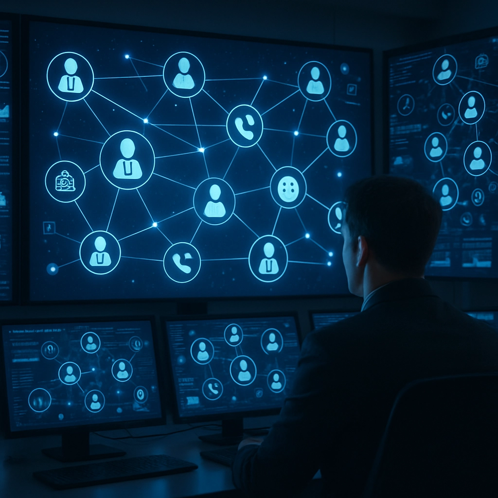 A photorealistic image of a futuristic control room with multiple large screens showing a dashboard of autonomous AI agents cooperating in real-time. Various icons represent IT, HR, and customer service agents, all connected by glowing lines symbolizing inter-agent communication. No text, letters, or words.