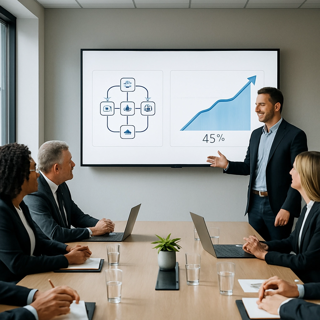 A photorealistic image of a modern office meeting room where a team of executives is reviewing a presentation on a large screen. The screen shows a dashboard with graphs showing '45% Efficiency Gain' visualized as a rising blue line, and icons representing automated workflows. The room lighting is bright and professional. No text, letters, or words on the screen or anywhere else.