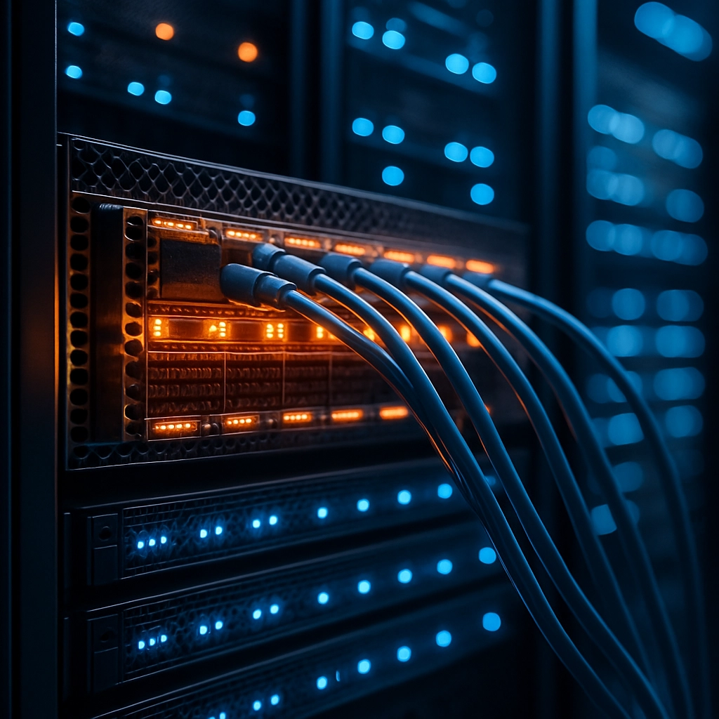 A realistic, high-quality image of a server rack in a modern data center with glowing blue and orange lights, focusing on Ethernet cables connected to a Spectrum-X switch. The image should convey speed and efficiency, with no text or letters.