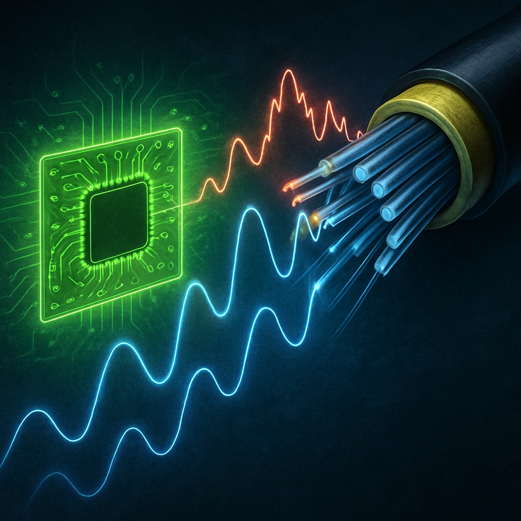 A detailed, realistic illustration of a data transmission through a fiber optic cable with signal waves showing error correction, highlighted by a glowing green MRC circuit board. No text or letters allowed.