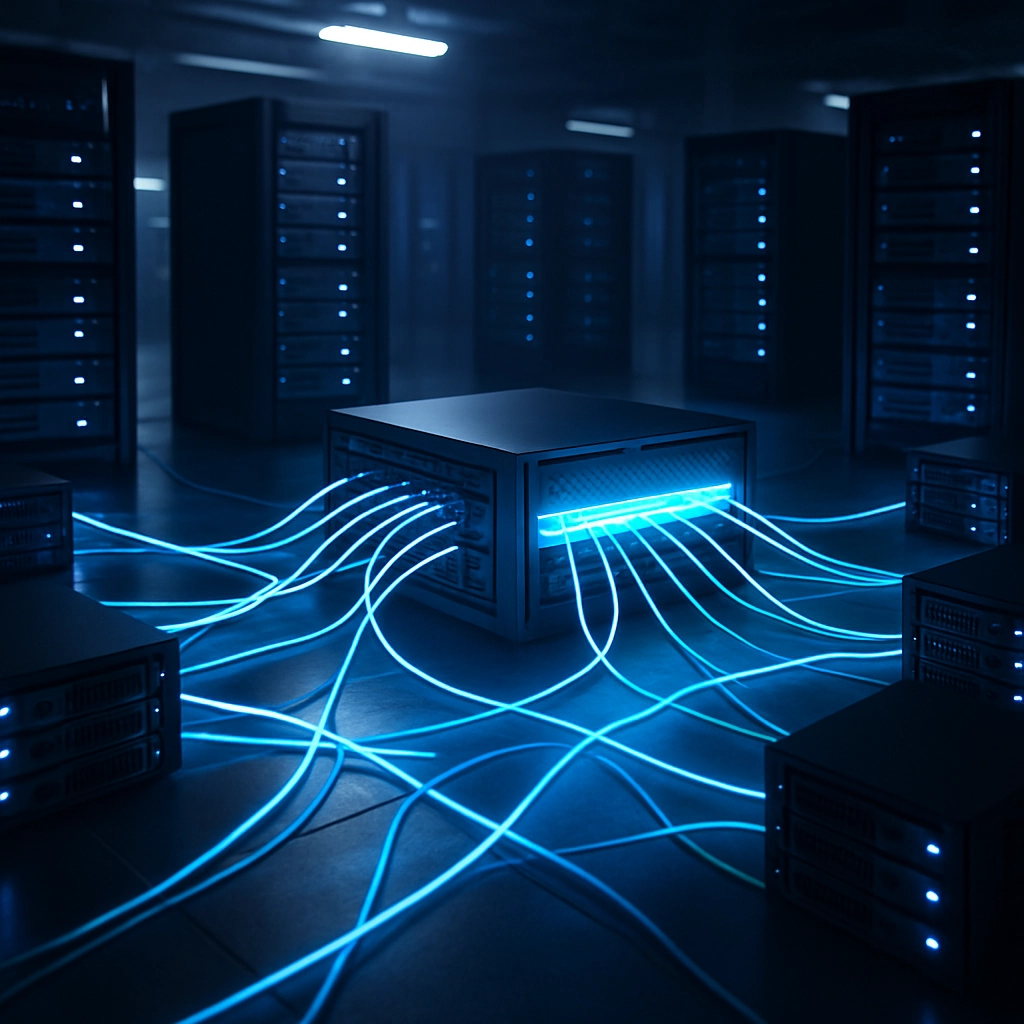A realistic visual of a high-speed data center network topology, showing multiple servers connected in a mesh topology with a central Spectrum-X switch, glowing with futuristic blue light. No text or letters.