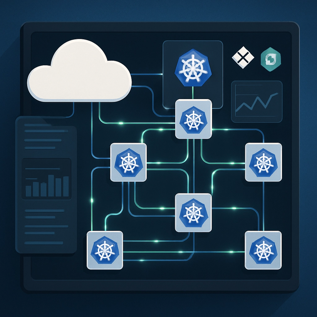 A digital illustration of a cloud infrastructure dashboard with Kubernetes pods and network traffic flowing between nodes, showing the integration of Spectrum-X with open-source tools. No text or letters.