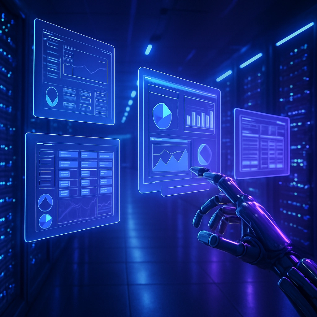 A highly realistic image of a futuristic data center hall, filled with rows of humming servers, with multiple holographic screens floating in the air showing various software interfaces like CRM and ERP dashboards, with a glowing robotic hand (claw) reaching out to interact with one of the screens, all bathed in blue and purple neon light, no text, letters, or words.