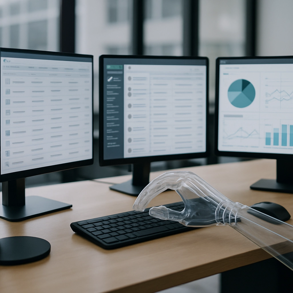 A photorealistic image of a modern office desk, with three monitors showing different business software interfaces: an inventory management system, a CRM, and an analytics dashboard, with a subtle transparent robotic arm hovering over the central keyboard, no text, letters, or words.