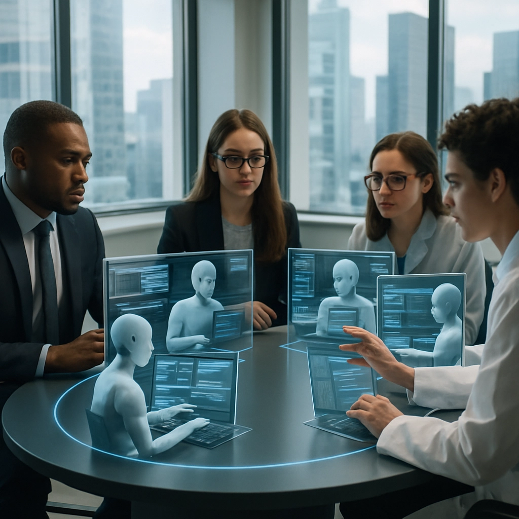 A cinematic-style image of a diverse group of professionals (a man in a suit, a woman in glasses, a person in a lab coat) sitting around a circular holographic table, each interacting with a floating transparent screen showing AI agents working on various software interfaces, all inside a bright, airy modern office with large windows overlooking a city skyline, no text, letters, or words.