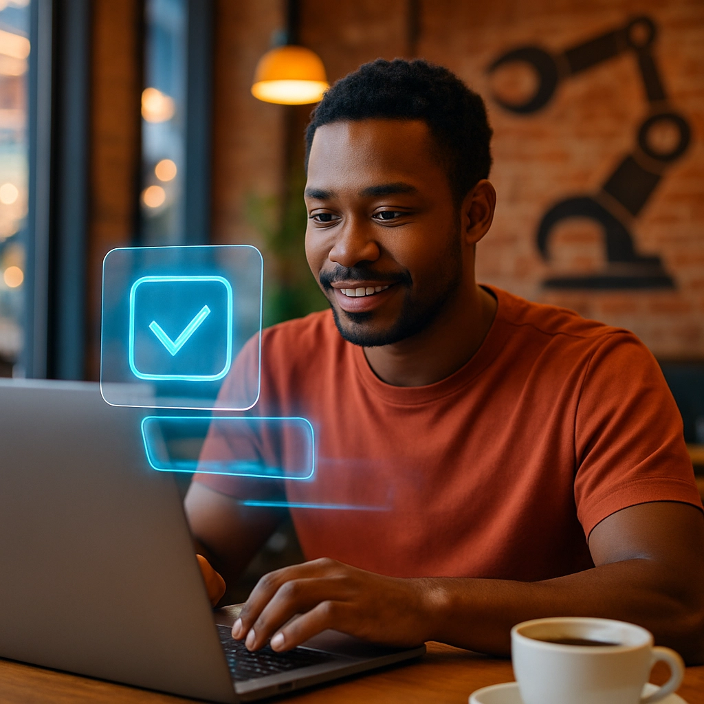 A vibrant, realistic image of a person sitting at a desk in a cafe using a laptop, with a small transparent holographic interface floating above the laptop showing a ‘task completed’ notification, and a stylized robotic claw symbol faintly visible in the background designed into the cafe’s logo, no text, letters, or words.