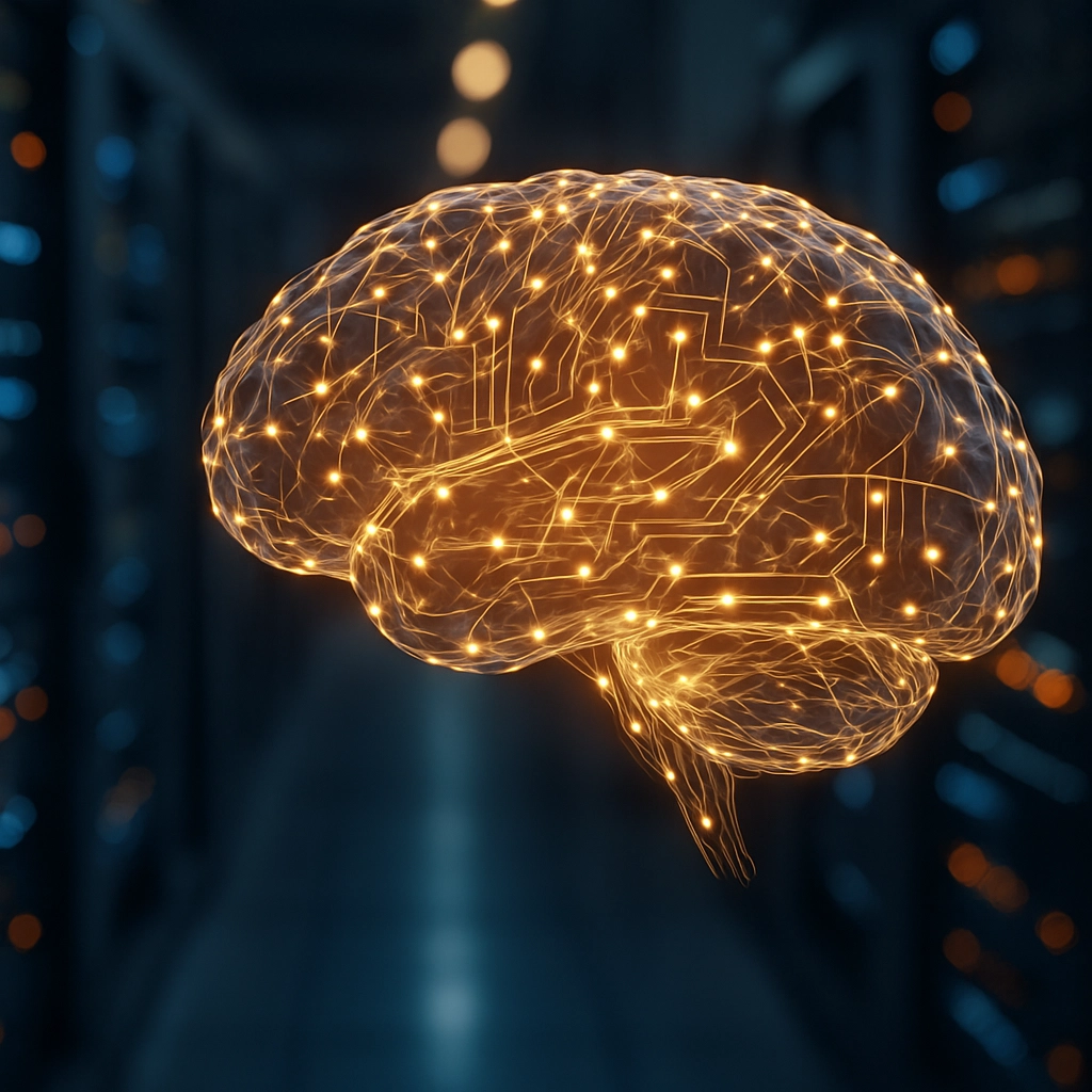 A realistic, cinematic image of a glowing digital brain composed of interconnected nodes and circuits, hovering in a server room with blue and orange lights. The brain appears to be autonomous, making decisions through complex networks. The background shows blurred servers and data racks. No text, letters, or words are present.