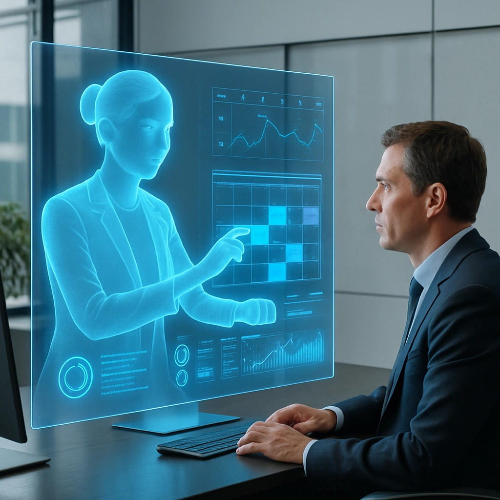 A realistic, professional office scene with a large holographic screen showing a digital assistant interacting with a manager. The assistant is arranging blocks of data and calendar entries while a glowing interface shows complex analytics. The environment is modern and clean. No text, letters, or words are present.