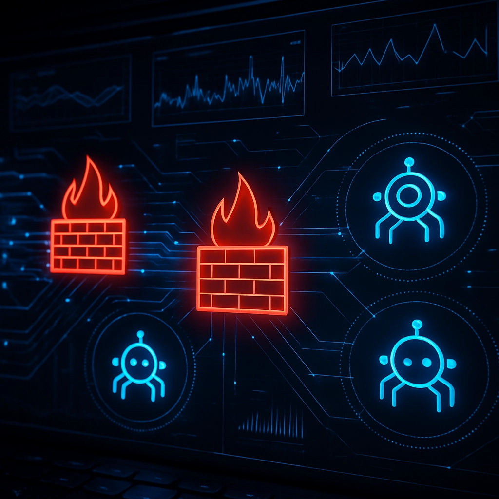 A futuristic cybersecurity dashboard showing multiple data streams and firewalls protecting autonomous agents. The scene is dark with neon blue and red colors, emphasizing security and vigilance. No text, letters, or words are present.