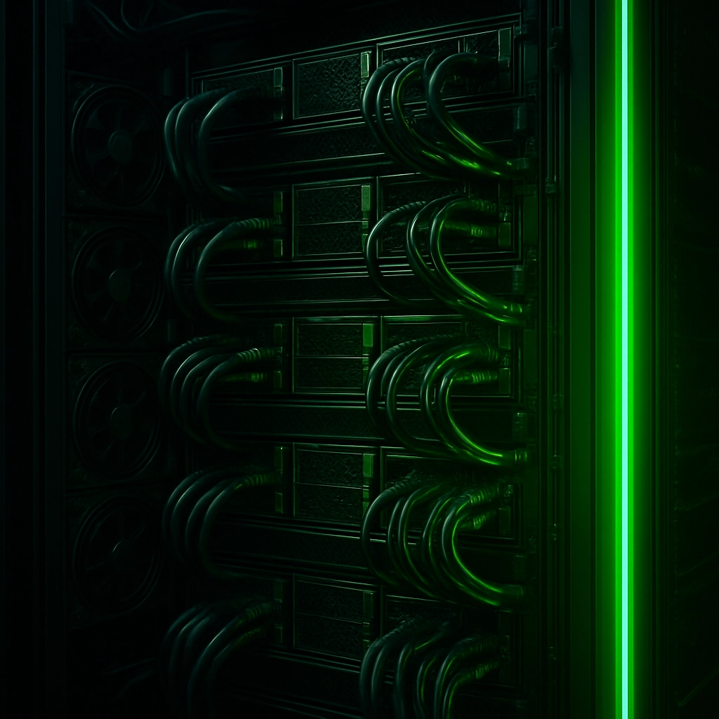 A realistic, high-quality image of an NVIDIA data center server rack with a glowing green neon light, indicating high-performance computing. The image focuses on the intricate wiring, cooling systems, and server blades, symbolizing the powerful cloud infrastructure that powers GeForce NOW. The image must be without any text, letters, or words.