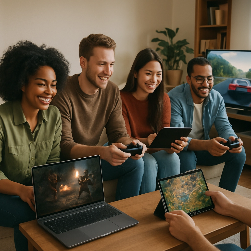 A realistic, high-quality image of a diverse group of friends sitting in a living room, each playing a different demanding PC game (like an action RPG, a racing simulator, and a strategy game) on their own devices (a laptop, a tablet, and a TV). They are all smiling and clearly having a good time, demonstrating the social and cross-platform accessibility of GeForce NOW. The image must be without any text, letters, or words.