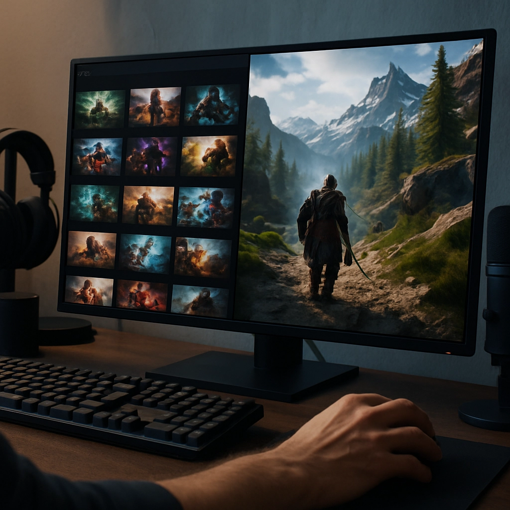 A realistic, high-quality image of a gamer's setup showing a desktop monitor split between two aspects: on the left, a GeForce NOW interface with a list of game thumbnails (like a grid), and on the right, a playable game running at ultra-high graphics settings. The gamer's hand is reaching for the mouse. The overall feel should be of a productive, cloud-powered gaming session. The image must be without any text, letters, or words.