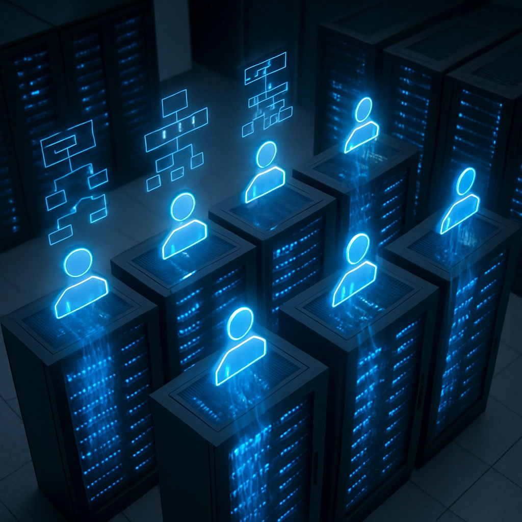 A high-tech, top-down view of a modern office server room with glowing blue server racks and floating digital agent holograms emanating from each rack, showing cascading streams of data and decision flowcharts. The image is clean, realistic, and emphasizes the concept of AI agents working as a team for an organization. No text, letters, or words are visible anywhere.