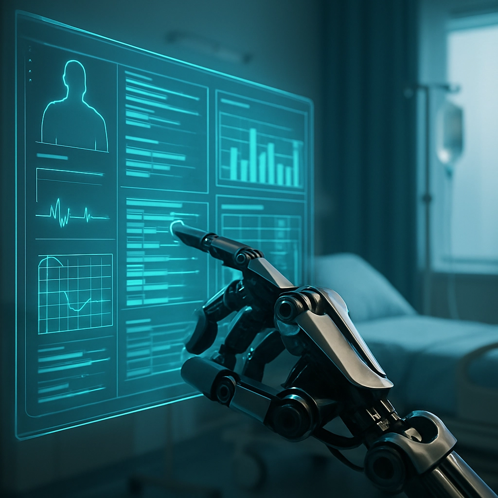A photorealistic close-up image of a robotic hand (inspired by OpenClaw) interacting with a holographic dashboard in a futuristic hospital room. The dashboard displays patient records, medical charts, and scheduling data in glowing blue and green. The scene emphasizes the precision and care of AI-driven agents in healthcare. Ensure there is no text, letters, or words in the image.