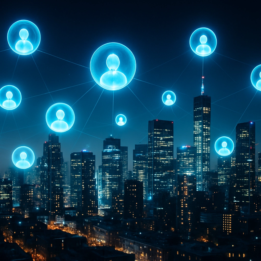 A futuristic, panoramic view of a smart city skyline at night, with digital agent avatars (represented as glowing, translucent orbs or holograms) floating above various buildings, each connected by subtle beams of light, symbolizing the interconnected and autonomous enterprise ecosystem of the near future. The scene is vibrant, inspiring, and high-resolution, with no text, letters, or words appearing anywhere.