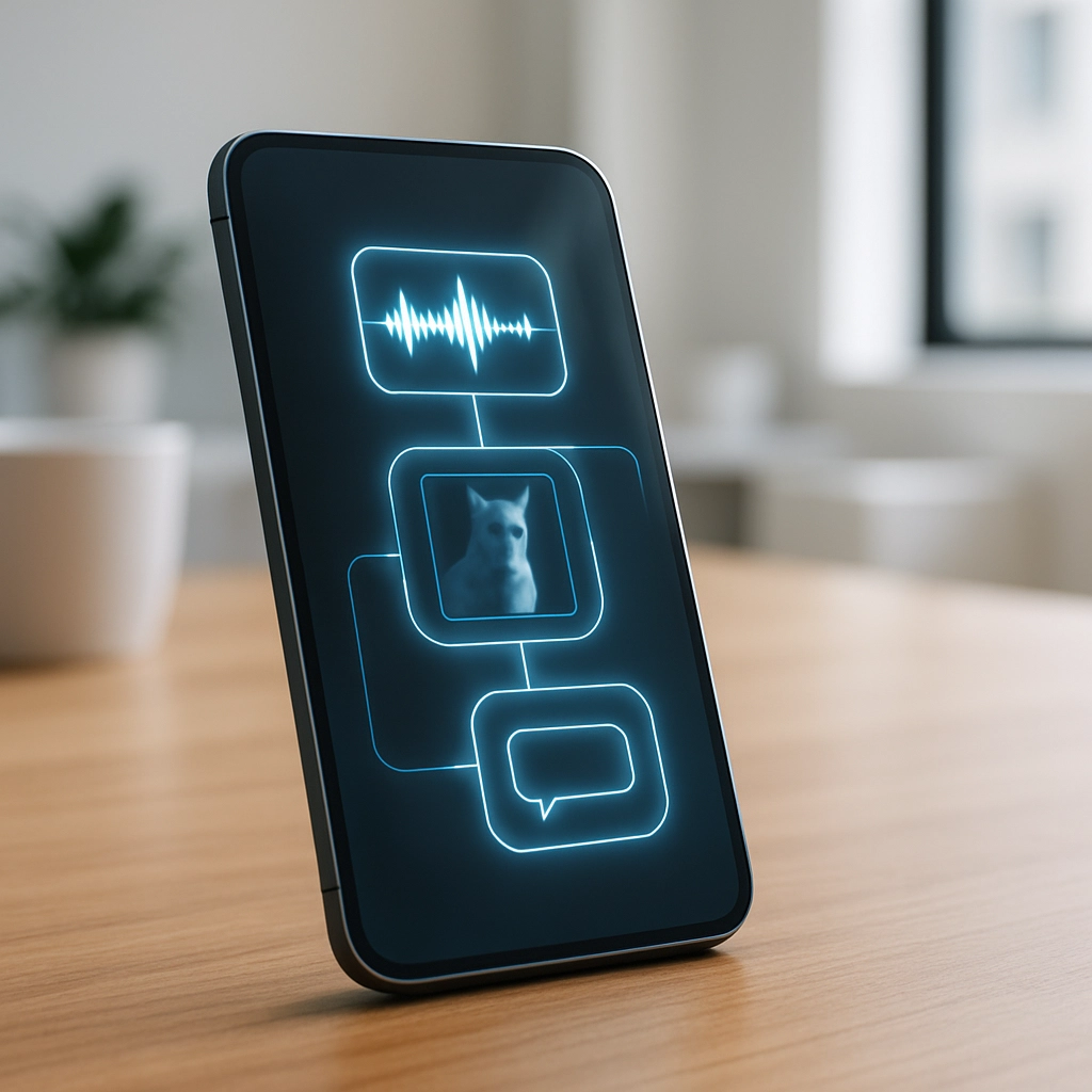 A photorealistic, high-quality image of a sleek, modern handheld device (like a smartphone or tablet) with a glowing, transparent overlay showing a multimodal AI interface that displays three interconnected streams: a speech waveform, a small object recognition box highlighting a cat, and a text chat bubble. The device is placed on a wooden desk in a bright, minimalist office. No text, letters, or words are visible anywhere in the image.