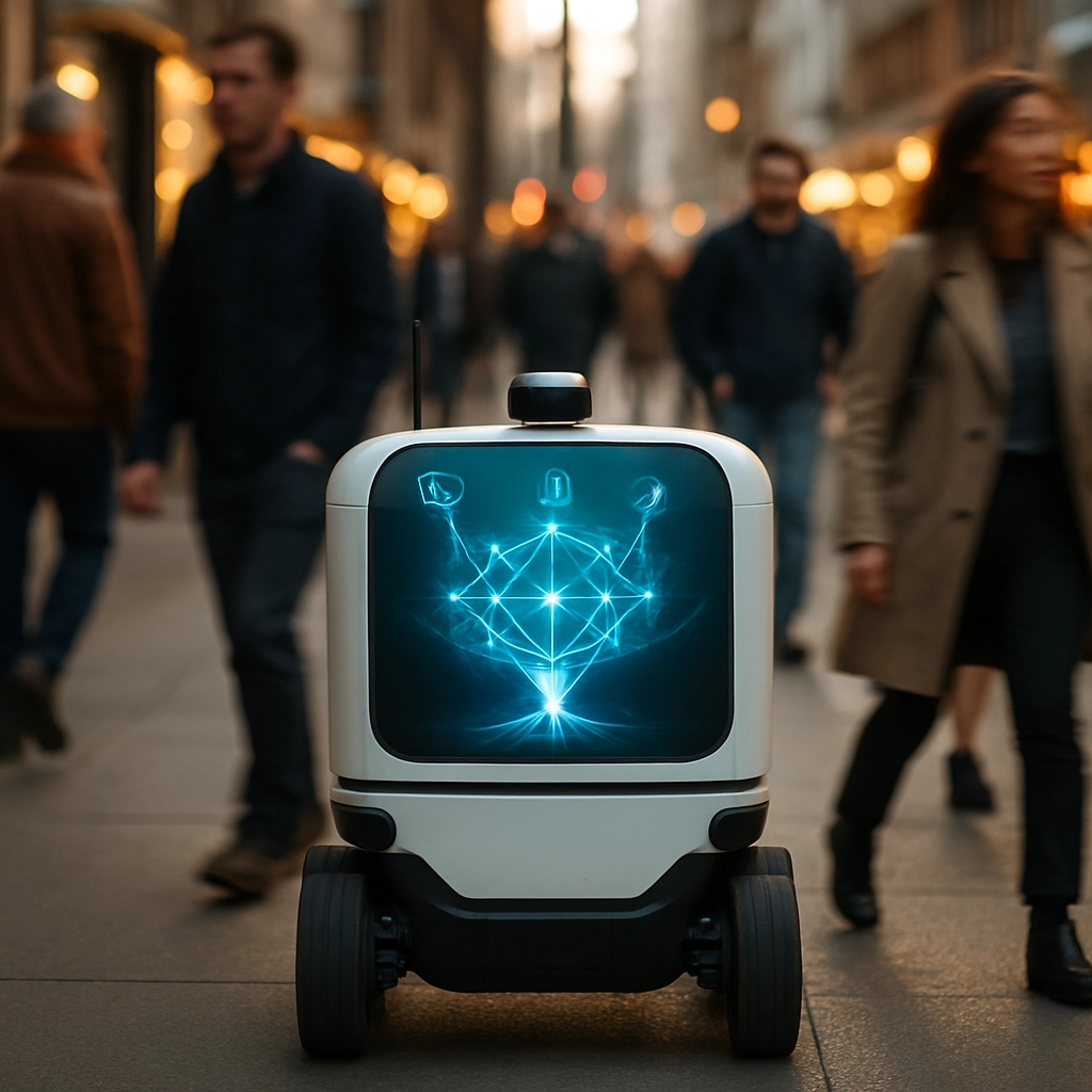 A realistic scene of an autonomous delivery robot navigating a busy city sidewalk. The robot has a small screen showing a stylized, glowing representation of its internal AI processing: multiple sensory inputs (camera, microphone, LIDAR) converging into a single decision node. The robot is surrounded by blurred pedestrians, but its processing is depicted as a clear, ethereal hologram. No text, letters, or words are present. Photorealistic style with warm urban lighting.
