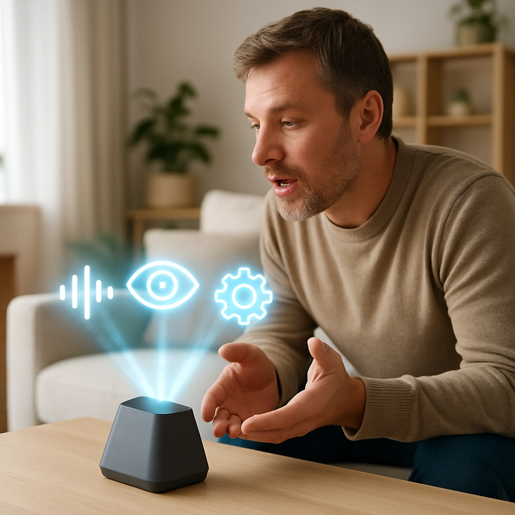 A high-quality, photorealistic image of a modern, well-lit living room. On a coffee table, there is a small, sleek hub device (similar to a smart speaker but more angular). Emerging from the hub are three soft, glowing holographic symbols: a sound wave, an eye, and a gear, representing audio, visual, and action processing. A person is sitting on a couch, speaking naturally toward the device. No text, letters, or words are visible.