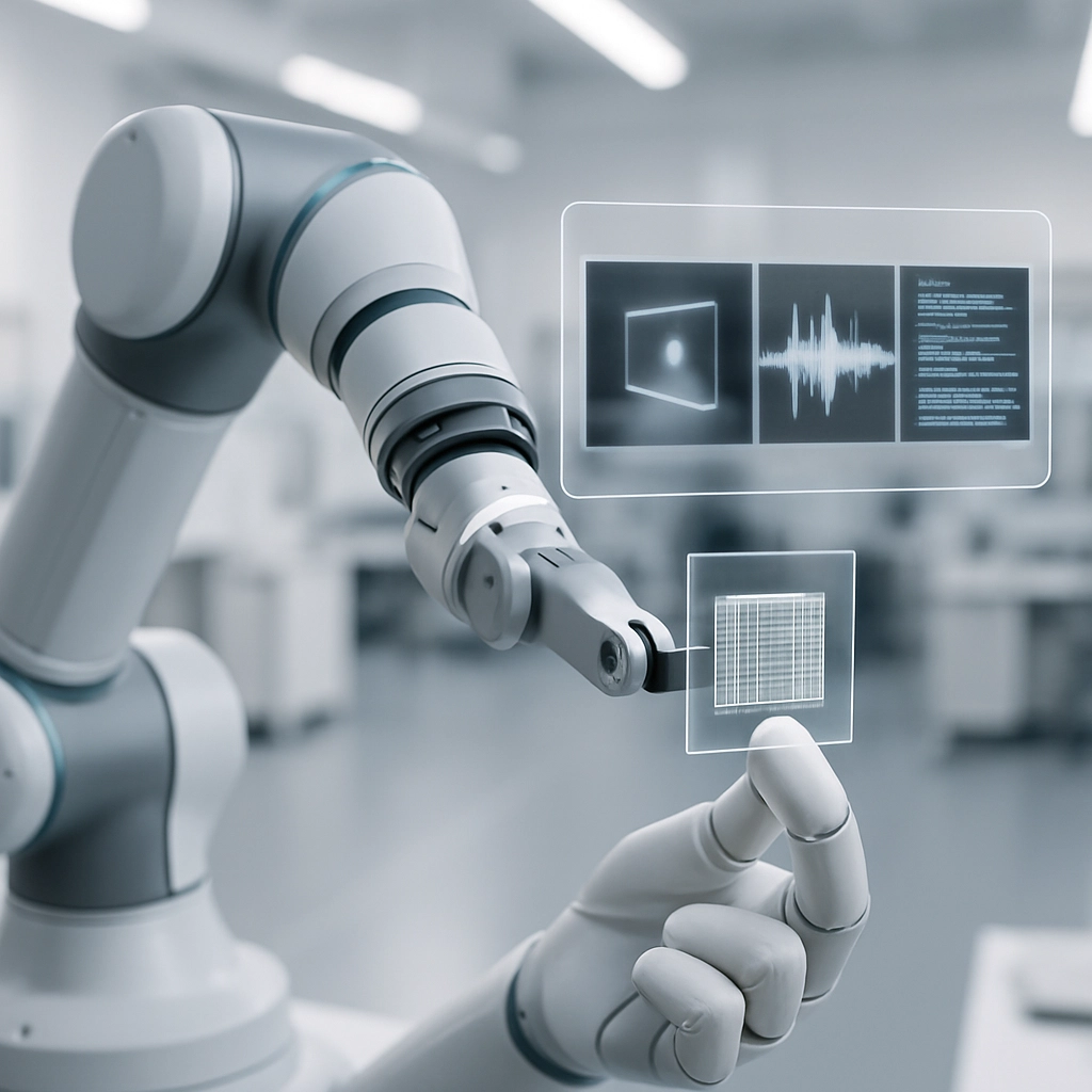 A photorealistic image of a collaborative robot arm in a high-tech laboratory. The robot arm is holding a transparent chip (representing the Nemotron model). In front of the arm, a transparent holographic screen displays three distinct data streams: a live video feed of a small object, a waveform of sound, and a block of text code. The background is a clean, white, futuristic lab with blurred equipment. No text, letters, or words are visible.