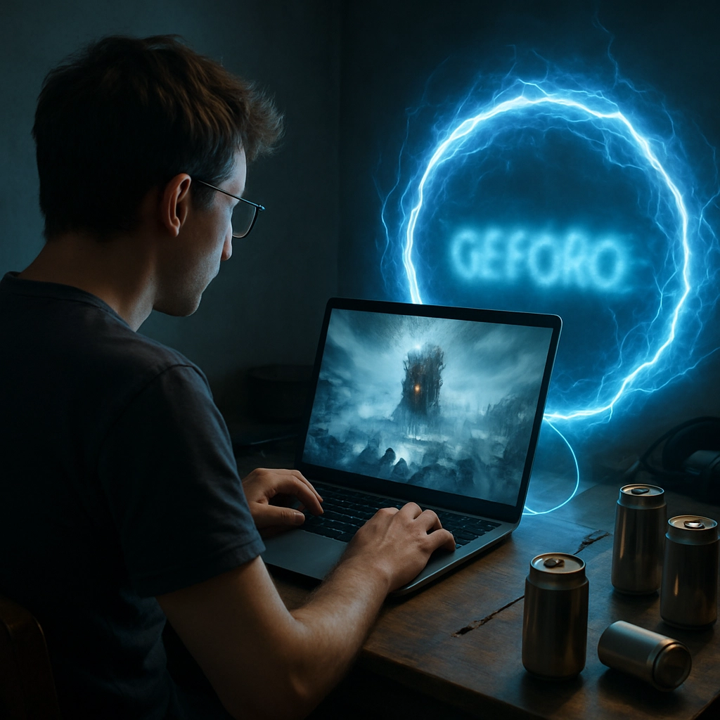 An ultra-realistic 8k image of a person sitting at a modest desk in a dimly lit room, using an old laptop that is wirelessly connected to a futuristic glowing portal of energy. On the laptop screen, the game 'Frostpunk 2' is running with hyper-realistic snow and frost details. The portal, representing cloud gaming, shows the word 'GEFORCE' in a blurry, non-text pattern of blue light. The background is a messy gaming setup with empty drink cans and a headset. The image must have zero text, letters, or words anywhere.