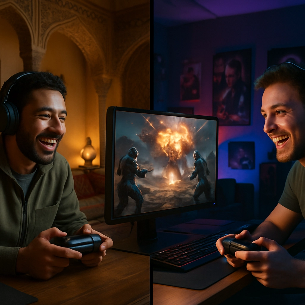 A stunning 8k image showing two gamers in different countries, one in a middle-eastern style room with Arabic decor and another in a western-style gaming den with posters on the wall. They are both playing 'The First Descendant' on their screens, with a boss fight explosion happening in the center of the screen. The characters are rendered with hyper-realistic textures. The room lighting is reflected on their faces showing joy. The image must not contain any text, letters, or words.