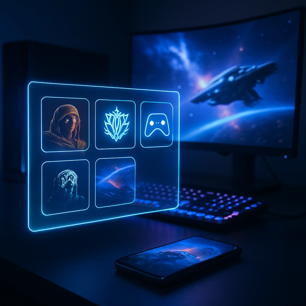 A high-resolution 8k image showing a futuristic holographic menu floating in a dark room, displaying game icons like 'Dune: Awakening', 'Frostpunk 2', and a gamepad icon. The background shows a sleek, modern gaming setup with a curved monitor, a mechanical keyboard with RGB effects, and a smartphone lying on the desk streaming the game 'Homeworld 3'. The lighting is cool blue and purple. The scene is realistic and detailed. No text, letters, or words are allowed.