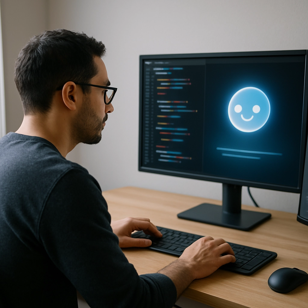 A photorealistic image of a software developer sitting at a desk, looking at a dual-monitor setup. On one screen, there is a clean code editor with lines of code being written. On the other screen, a friendly, abstract glowing orb represents an AI assistant, projecting a suggestion for the next line of code. The scene feels calm and collaborative, not competitive. No text, letters, or words are present on the screens or in the environment.