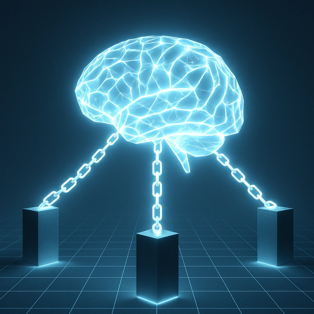 A sleek, minimalistic graphic of a large, crystalline brain made of digital light. It is centrally positioned. Radiating from it are three glowing 'safety chains' that anchor it to pillars labeled 'Ethics,' 'Privacy,' and 'Security.' The background is a clean, abstract grid representing the digital world. The tone is serious and protective. No text, letters, or words appear anywhere in the image.