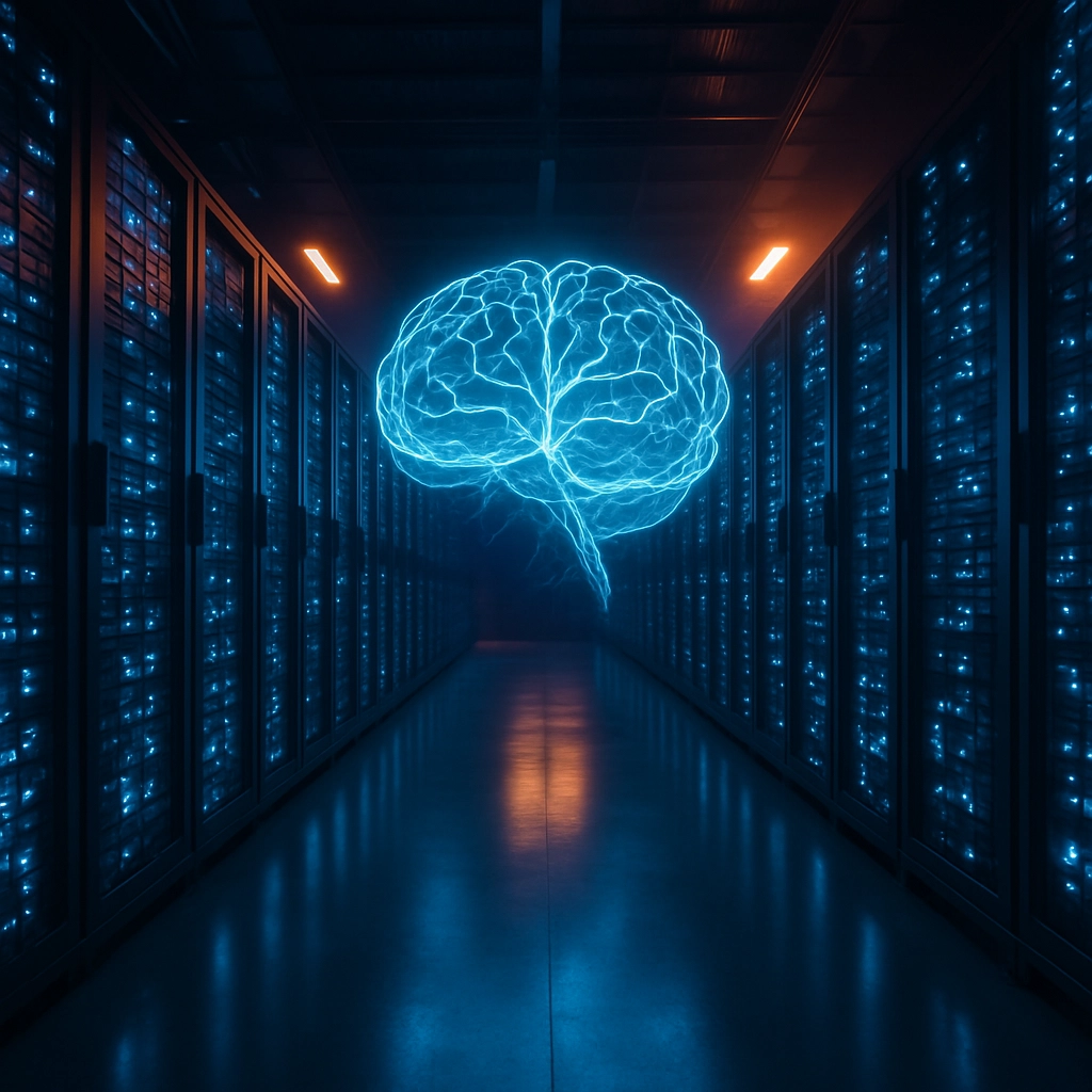 A wide-angle, cinematic photo of the interior of a futuristic, massive data center. Rows of server racks stretch into the distance, but the racks have a subtle, pulsing blue glow that looks organic. Floating above the center aisle is a digital representation of a 'brain cloud'—a neural network made of light. The lighting is dramatic, with cool blues and warm oranges to convey the immense energy and heat of the facility. No text, letters, or words are present.